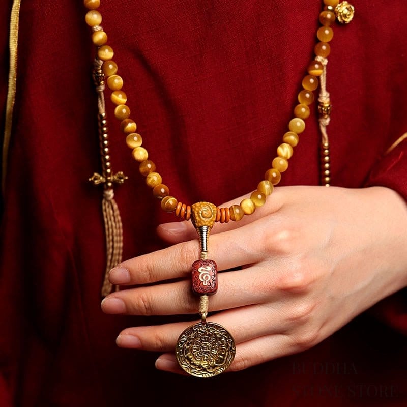 BWOOOH 108 Mala Beads Natural Tiger Eye Copper Dorje Protection Tassel Bracelet