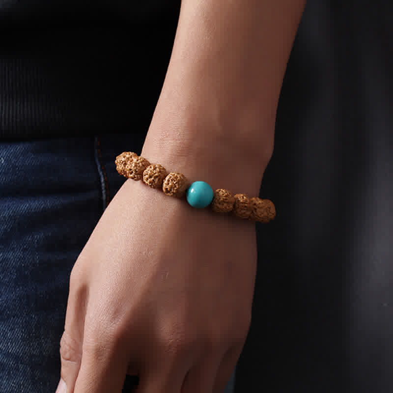 BWOOOH Tibet Rudraksha Bodhi Seed Dzi Bead Amber Turquoise Wealth Bracelet