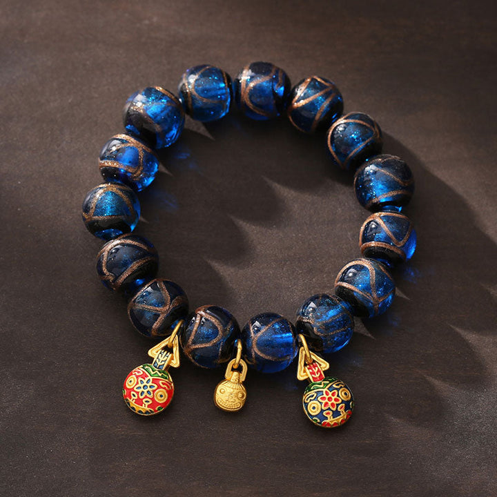 BWOOOH Gold Swallowing Beast Luck Charm Blue Liuli Glass Bead Fortune Bracelet