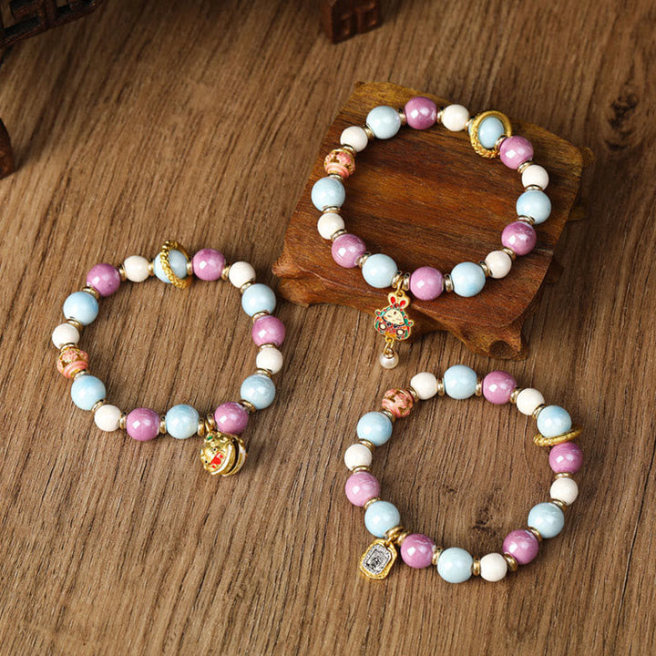 BWOOOH Tibetan Zakiram Goddess of Wealth Rabbit Lion Head Charm Liuli Glass Incense Ash Porcelain Bead Protection Bracelet