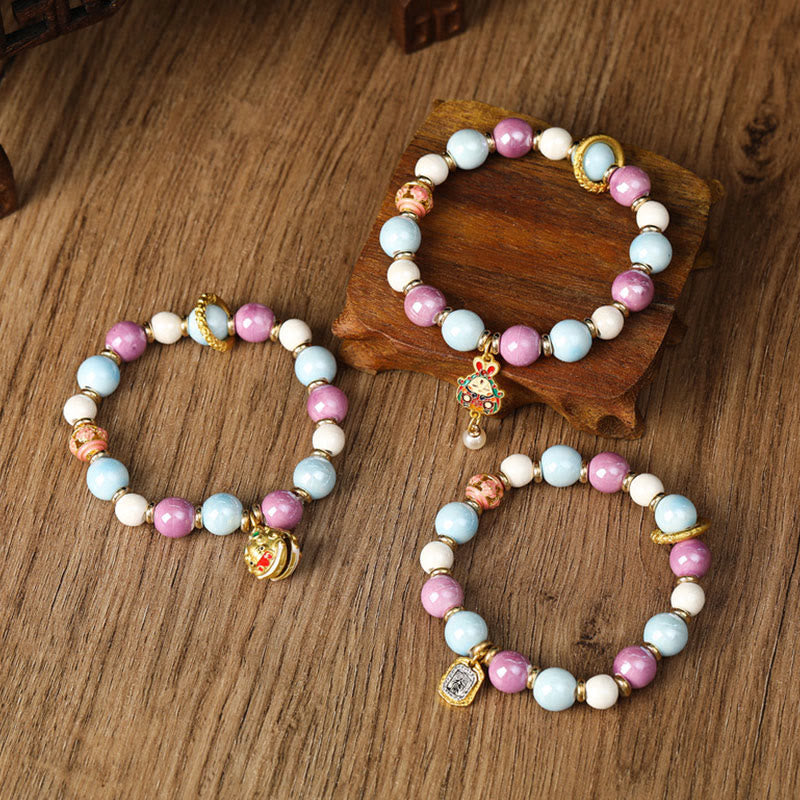 BWOOOH Tibetan Zakiram Goddess of Wealth Rabbit Lion Head Charm Liuli Glass Incense Ash Porcelain Bead Protection Bracelet