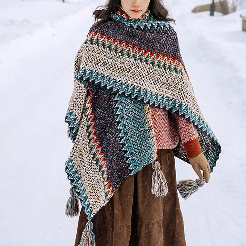 BWOOOH Tibetan Shawl Blue Beige Red Wavy Pattern Winter W