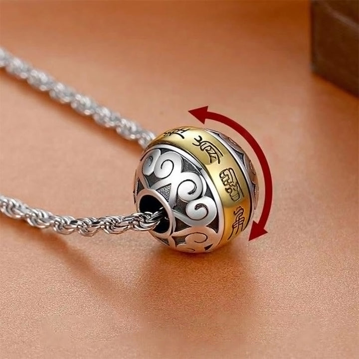 BWOOOH Taoist Nine Character Mantra Amulet Balance Rotatable Necklace Pendant — engraved alloy pendant on rope chain, feng shui protection spiritual jewelry