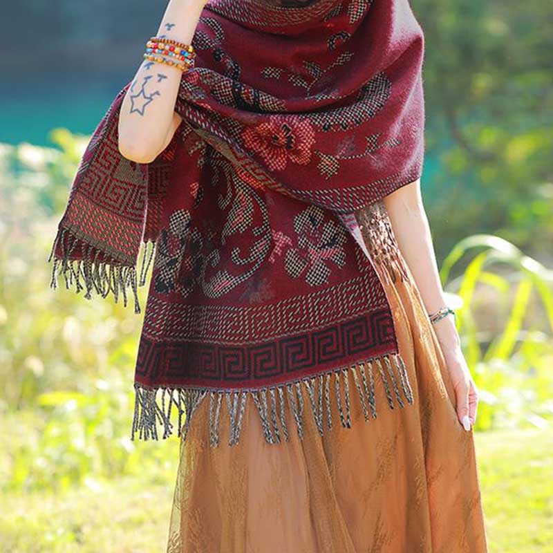 BWOOOH Tibetan Flowers Leaves Pattern Design Shawl Cozy T