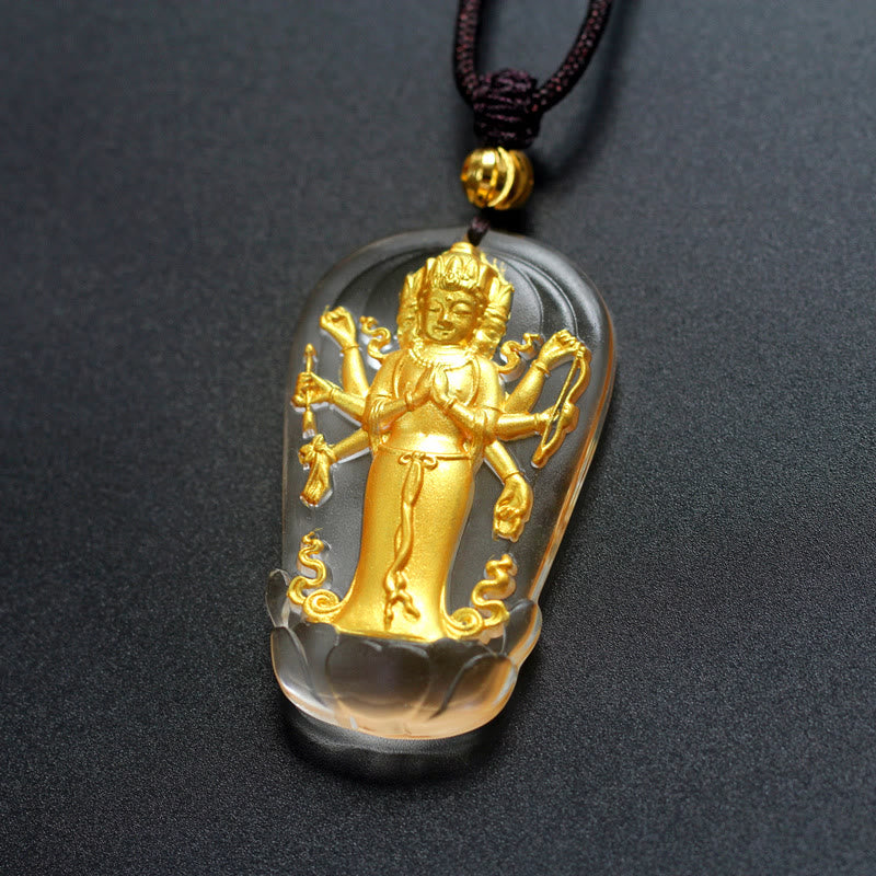 BWOOOH Tibetan Eight-Armed Avalokitesvara Guanyin Buddha Gold Plated Liuli Crystal Wealth Necklace Pendant