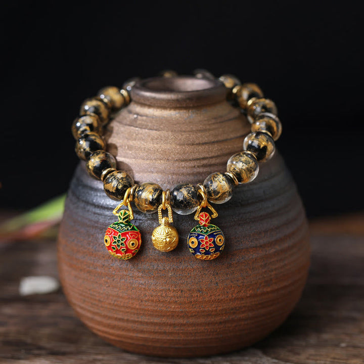 BWOOOH Gold Swallowing Beast Family Charm Gold Silver Foil Liuli Glass Bead Blessings Bracelet