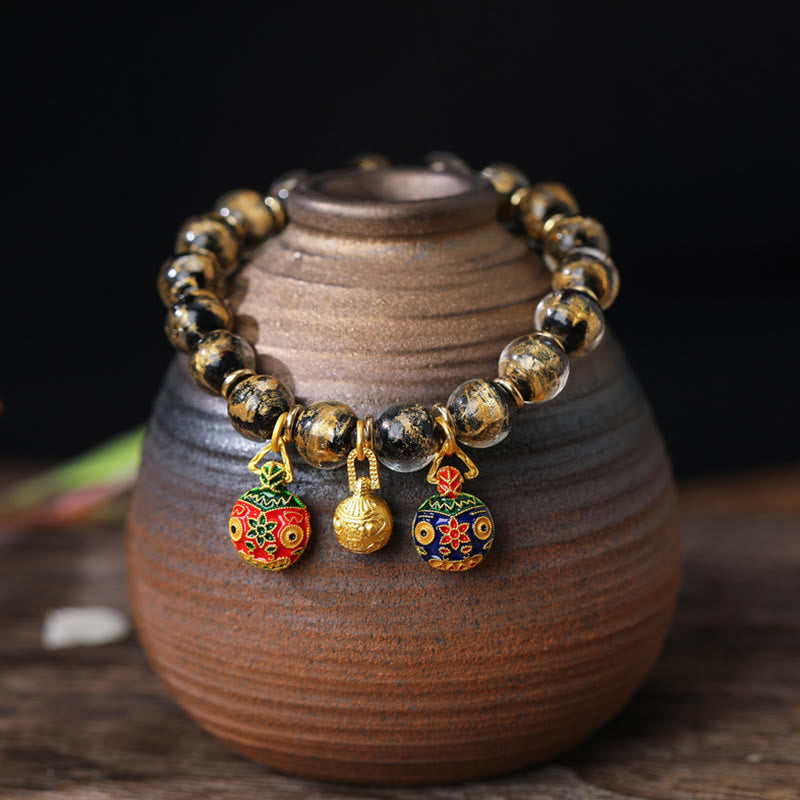 BWOOOH Gold Swallowing Beast Family Charm Gold Silver Foil Liuli Glass Bead Blessings Bracelet