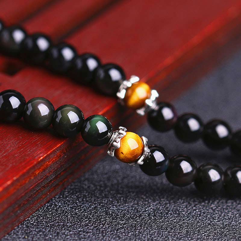 BWOOOH Chinese Zodiac 108 Beads Black Obsidian Tiger Eye Fortune Mala Bracelet