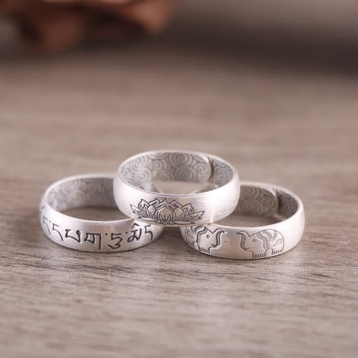 BWOOOH 999 Sterling Silver Lotus Elephant Six True Words Blessing Ring