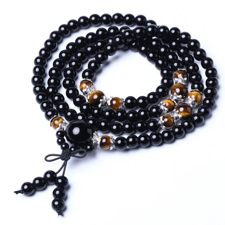 BWOOOH 108 Beads Natural Black Obsidian Tiger Eye Red Agate Mala Bracelet