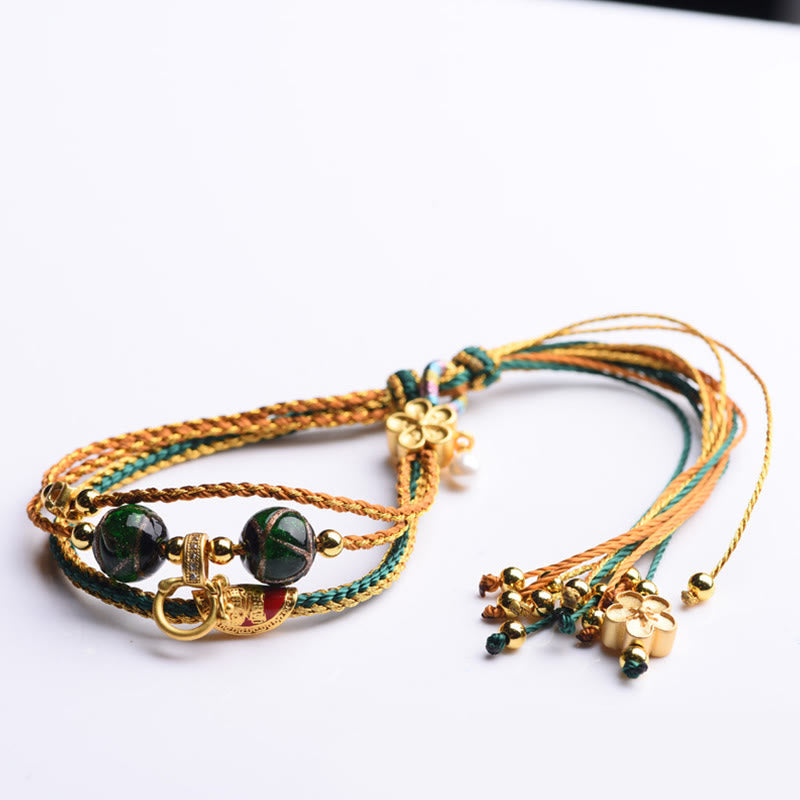 BWOOOH Tibetan Handmade Rope Liuli Glass Bead Braided Multilayered Healing Bracelet