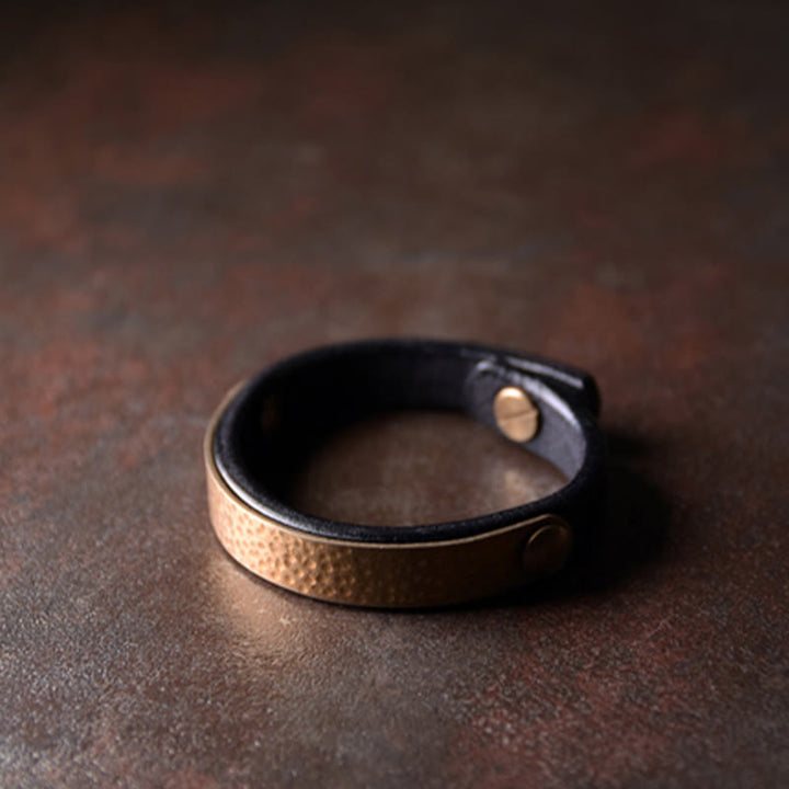 BWOOOH Vintage Handmade Texture Copper Brass Leather Wealth Bracelet Bangle