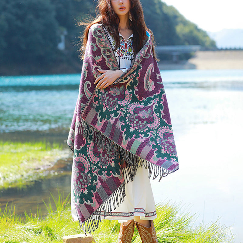 BWOOOH Tibetan Flowers Leaves Branch Design Tassel Shawl 