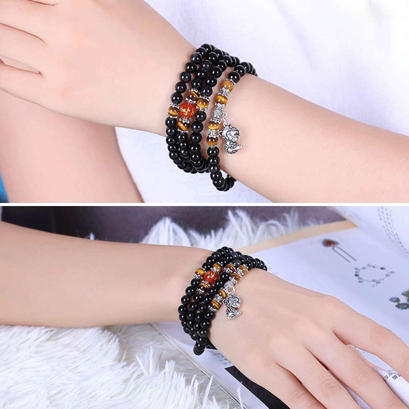 BWOOOH Chinese Zodiac 108 Beads Black Obsidian Tiger Eye Fortune Mala Bracelet