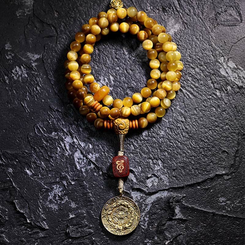 BWOOOH 108 Mala Beads Natural Tiger Eye Copper Dorje Protection Tassel Bracelet
