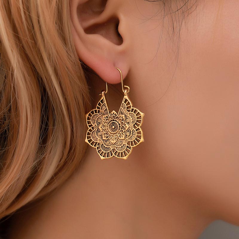 BWOOOH Tibetan Lotus Engraving Copper Blessing Drop Earrings