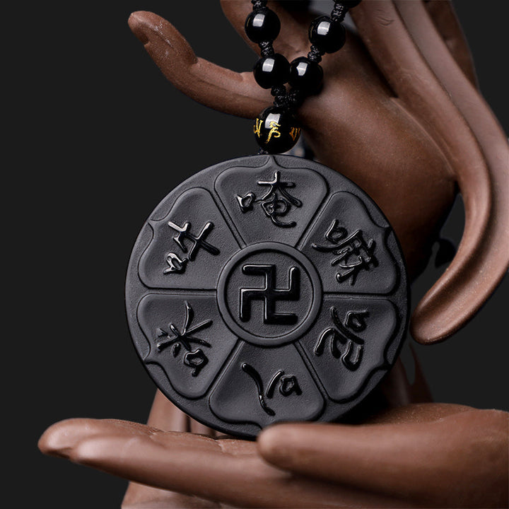 BWOOOH Natural Black Obsidian Tibetan Om Mani Padme Hum Buddha Swastika Luck Necklace Pendant