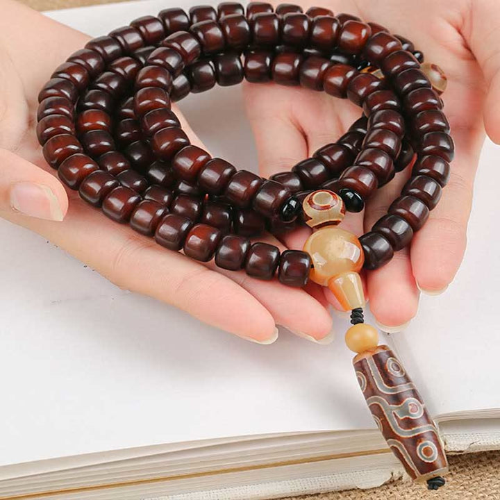 BWOOOH 108 Mala Beads Three-eyed Dzi Bead Nine-eye Dzi Bead Jade Luck Bracelet