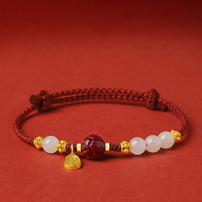 BWOOOH 24K Gold Plated Hetian White Jade Cinnabar Lotus Luck Rope Bracelet | spiritual healing bracelet
