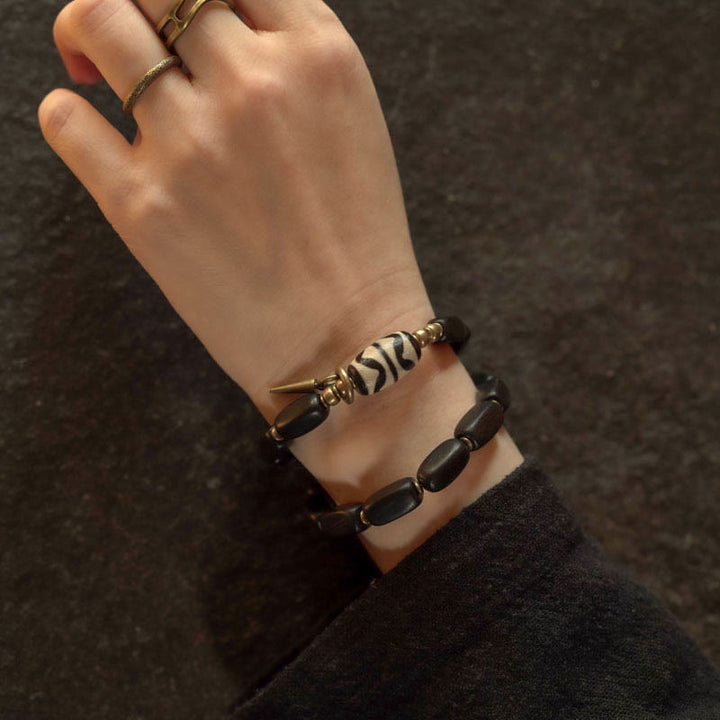 BWOOOH Tibet Ebony Wood Dzi Bead Copper Balance Double Wrap Bracelet