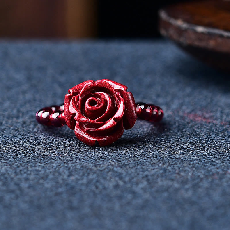 BWOOOH Garnet Cinnabar Lucky Bead PiXiu Om Mani Padme Hum Rose Protection Ring