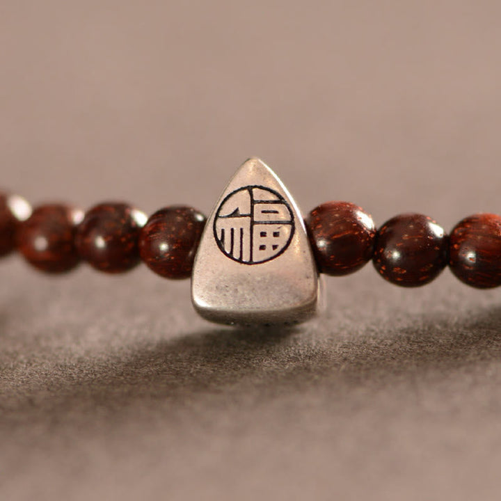 BWOOOH 925 Sterling Silver Indian Small Leaf Red Sandalwood Fu Character Protection Triple Wrap Bracelet