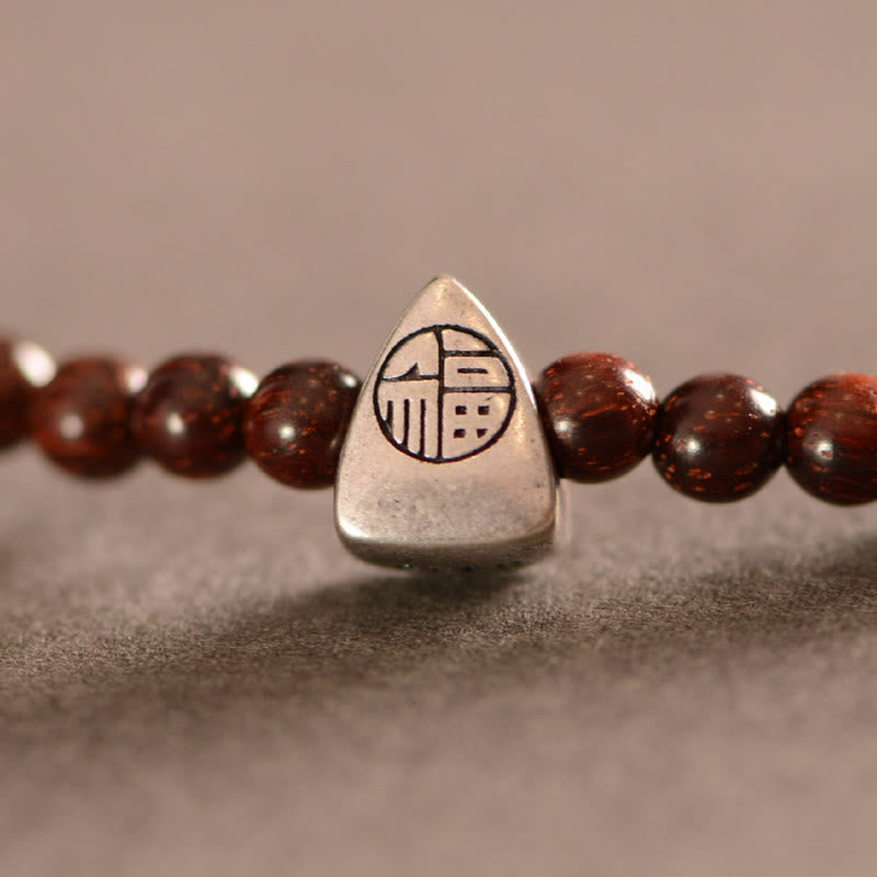 BWOOOH 925 Sterling Silver Indian Small Leaf Red Sandalwood Fu Character Protection Triple Wrap Bracelet