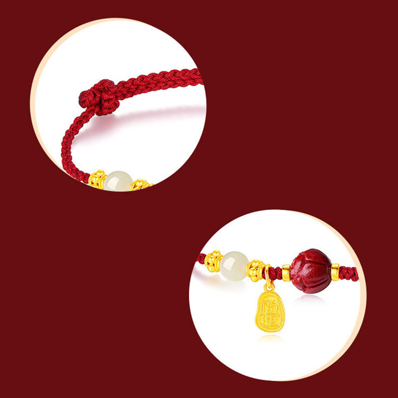 BWOOOH 24K Gold Plated Hetian White Jade Cinnabar Lotus Luck Rope Bracelet | spiritual healing bracelet