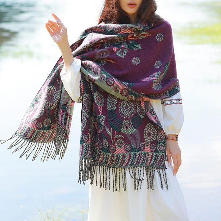 BWOOOH Tibetan Flower Floral Leaves Pattern Design Shawl 