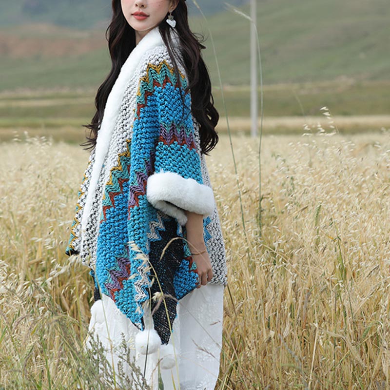 BWOOOH Tibetan Multicolored Wavy Lines Knitted Striped Sh