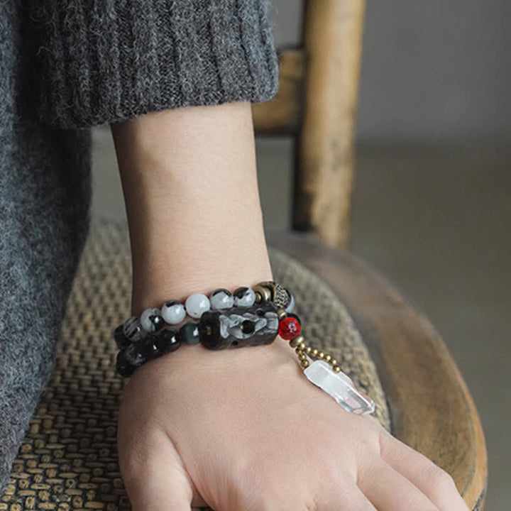 BWOOOH Black Rutilated Quartz Ebony Wood White Crystal Success Couple Bracelet