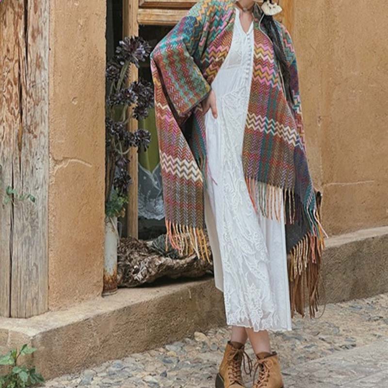 BWOOOH Tibetan Shawl Colorful Wavy Striped Shapes Tassels