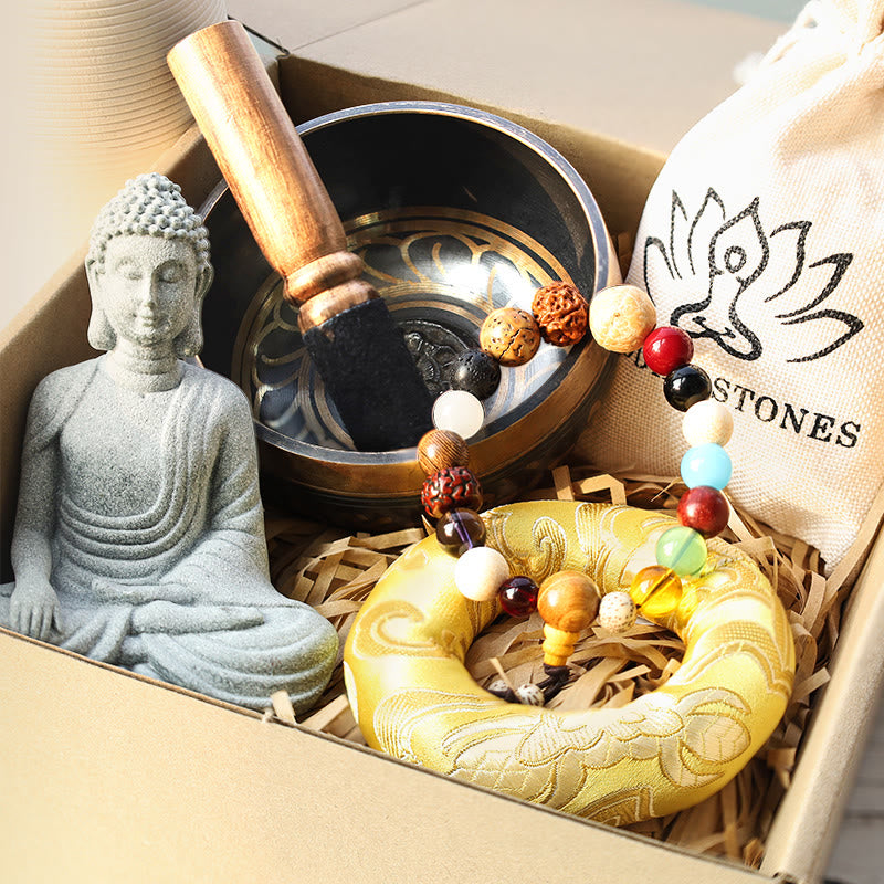 BWOOOH Tibetan meditation bundle: 3.34in Om Mani Padme Hum singing bowl, auspicious cloud cushion, unique 18-bead wrist mala, and serene sandstone Buddha statue.
