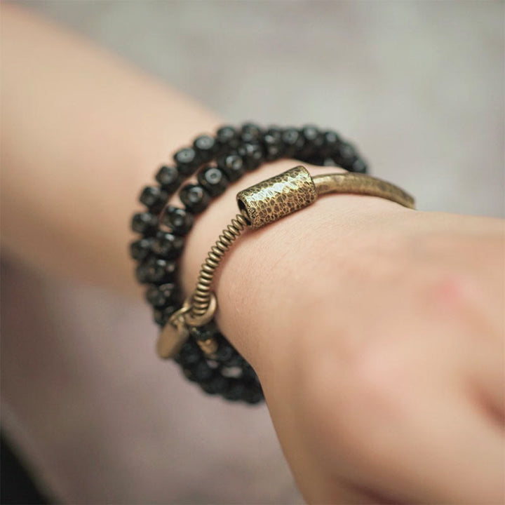 BWOOOH Retro Coconut Shell Brass Copper Happiness Triple Wrap Bracelet