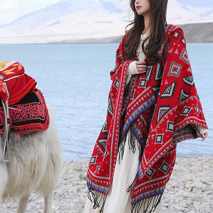 BWOOOH Tibetan Shawl Triangle Pattern Hooded Cloak Winter