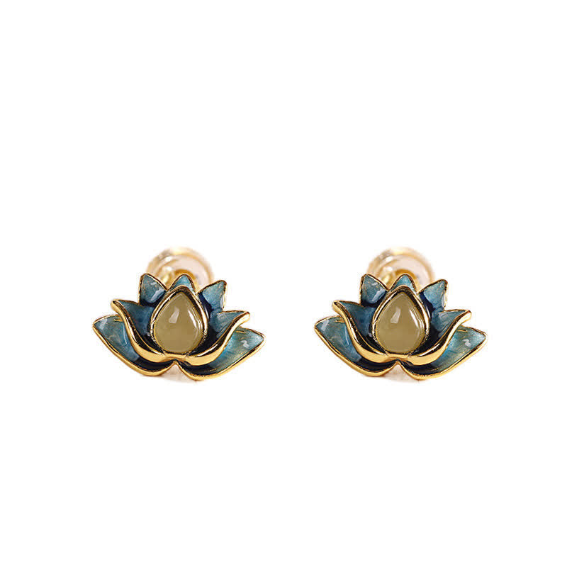 BWOOOH 925 Sterling Silver Hetian Cyan Jade Lotus Flower Success Earrings