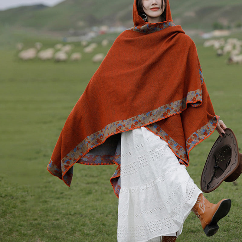 BWOOOH Tibetan Shawl Border Small Floral Flower Hooded Cl
