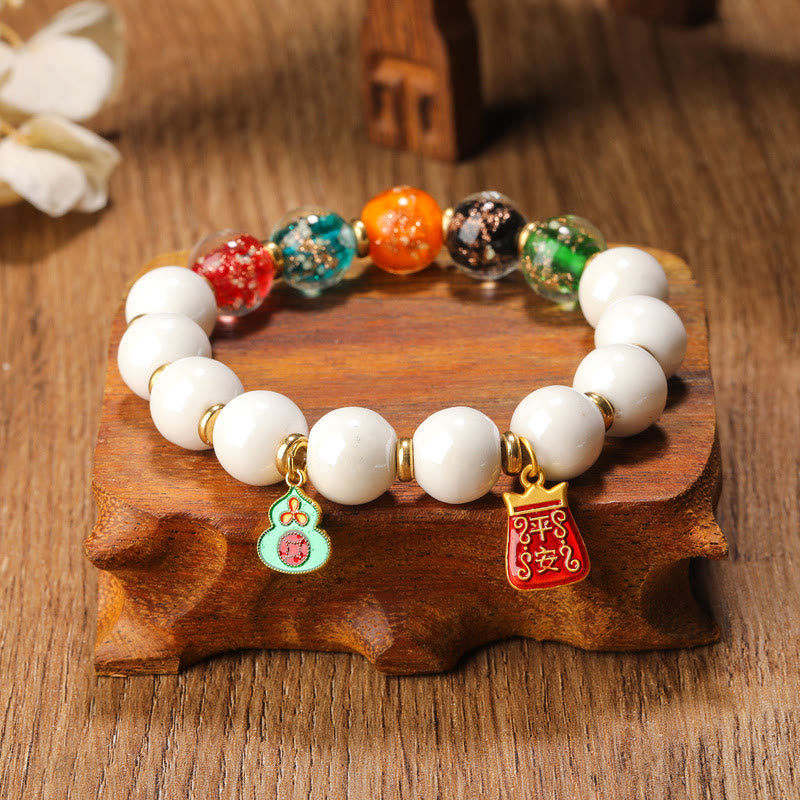BWOOOH Tibetan Incense Ash Porcelain Luminous Fluorescent Liuli Glass Bead Gourd Copper Coin Charm Peace Bracelet