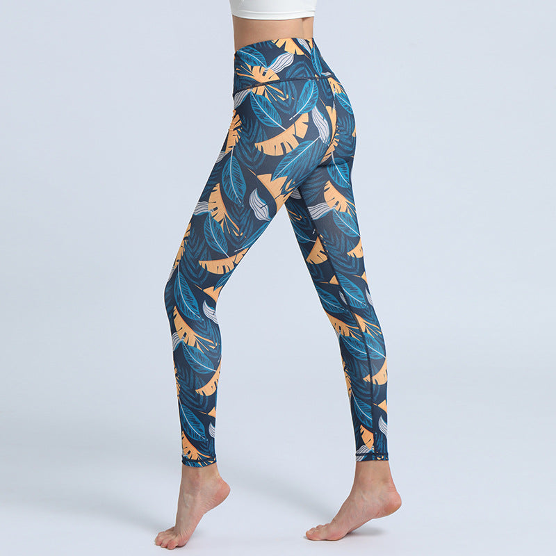 BWOOOH lotus print yoga leggings - Leaves Print Pants Sports Fitness Yoga H