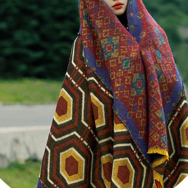 BWOOOH Tibetan Shawl Brown Blue Red Geometric Shapes Patt