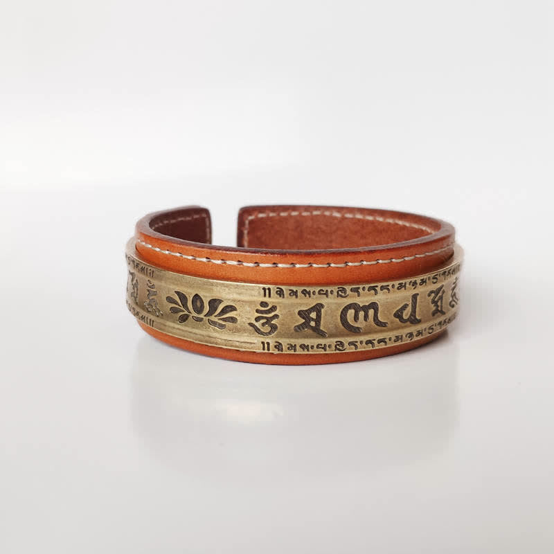 BWOOOH 2Pcs Om Mani Padme Hum Dragon Phoenix Copper Leather Peace Cuff Bracelet Bangle
