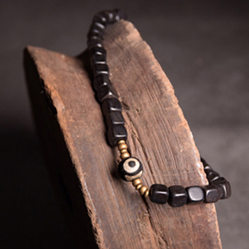 BWOOOH Ebony Wood Dzi Bead Copper Peace Couple Bracelet