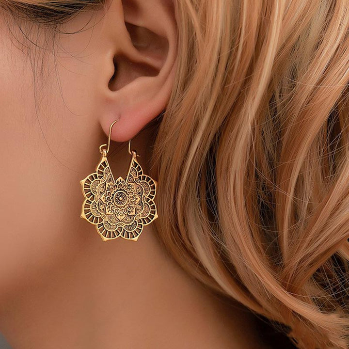 BWOOOH Tibetan Lotus Engraving Copper Blessing Drop Earrings