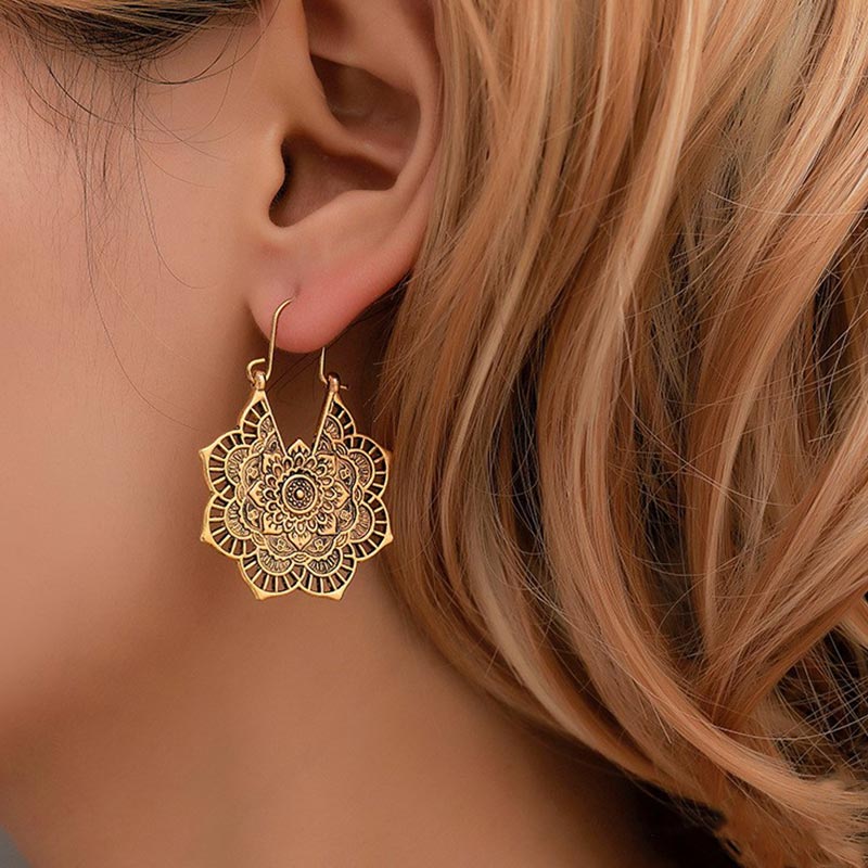 BWOOOH Tibetan Lotus Engraving Copper Blessing Drop Earrings
