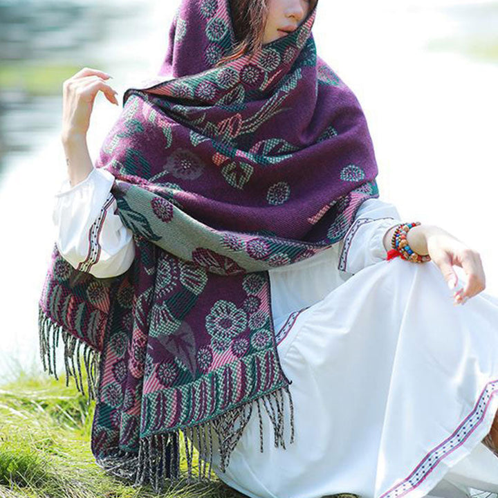 BWOOOH Tibetan Flower Floral Leaves Pattern Design Shawl 