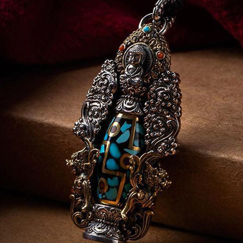 Buddha Stones Tibetan Nine-Eye Dzi Bead Turquoise Buddha Wealth Rotation Necklace (Extra 30% Off | USE CODE: FS30)