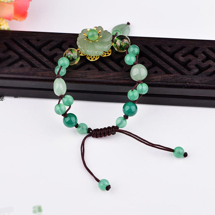 BWOOOH Natural Green Jade Luck Dangling Flower Bracelet