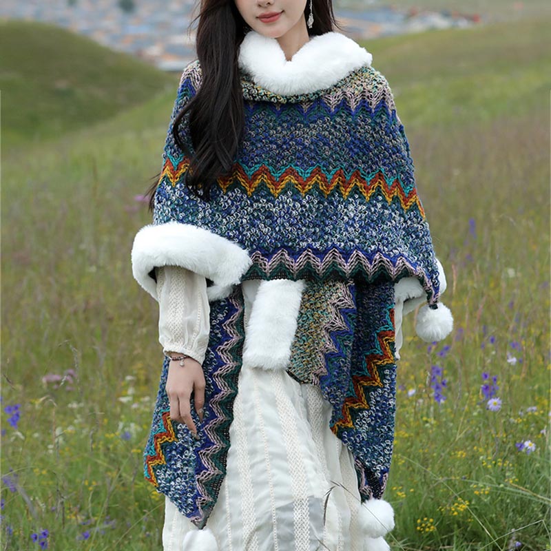 BWOOOH Tibetan Multicolored Wavy Lines Knitted Striped Sh