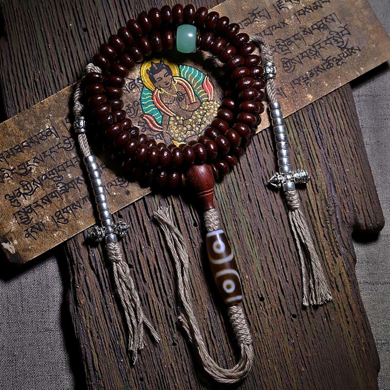 BWOOOH Natural Tibet 108 Mala Beads Purple Bodhi Seed Three-eyed Dzi Bead Copper Dorje Harmony Bracelet