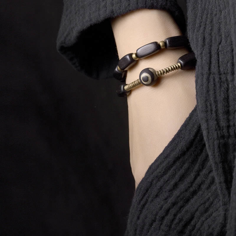 BWOOOH Tibet Ebony Wood Dzi Bead Copper Balance Double Wrap Bracelet